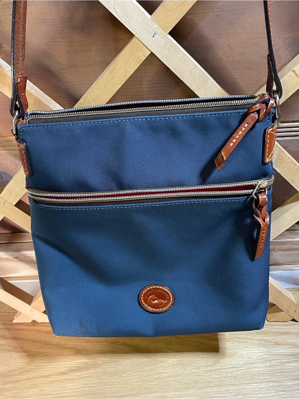 Dooney & Bourke Navy Blue Italian Vachetta Leather / Nylon Canvas Crossbody Bag